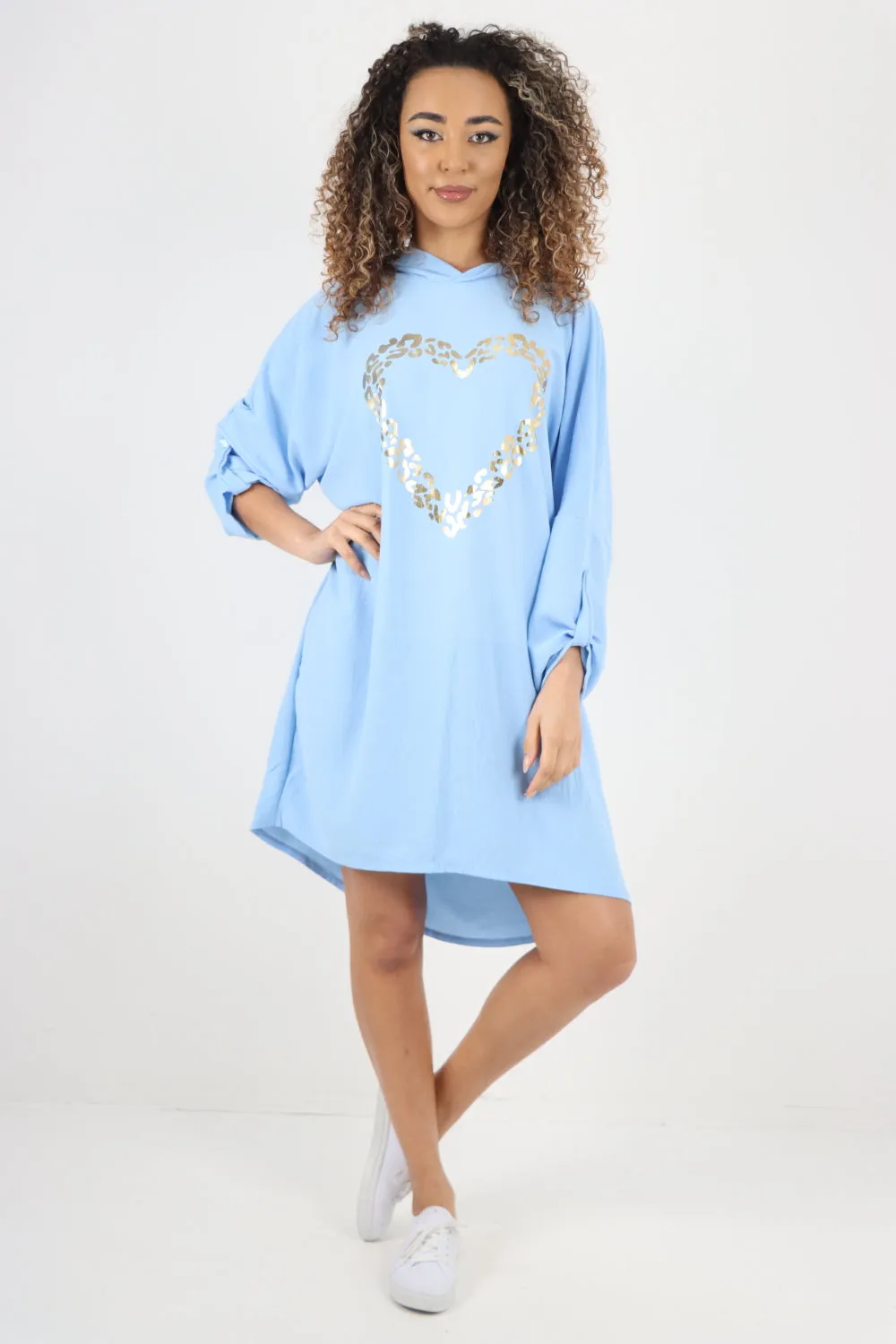 Italian Printed Foil Heart Hooded Tunic Top