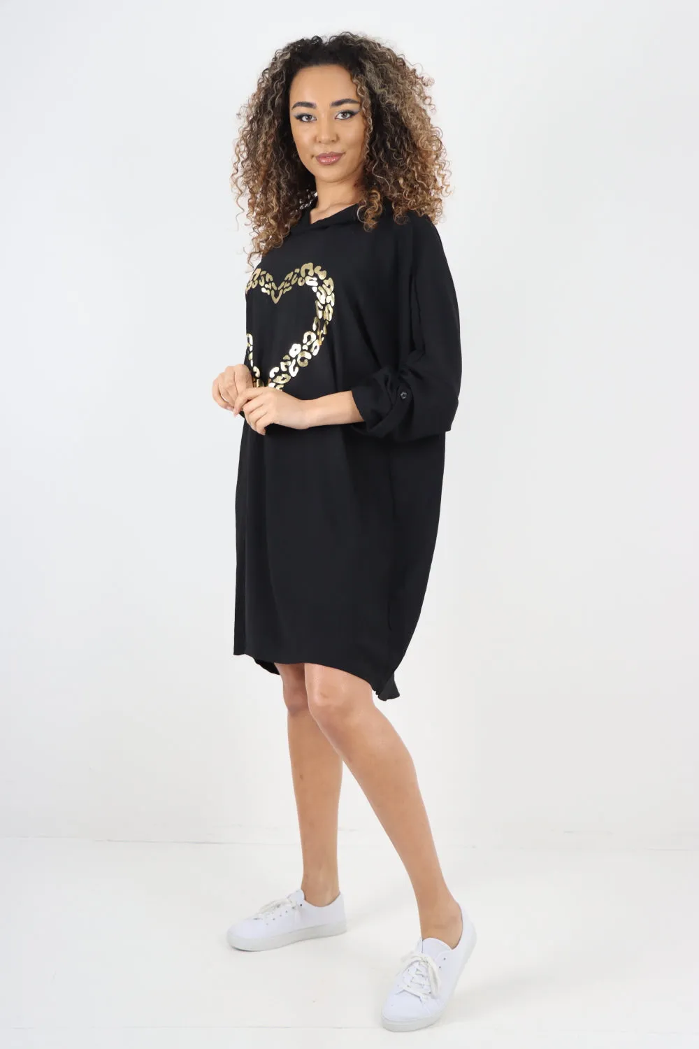 Italian Printed Foil Heart Hooded Tunic Top