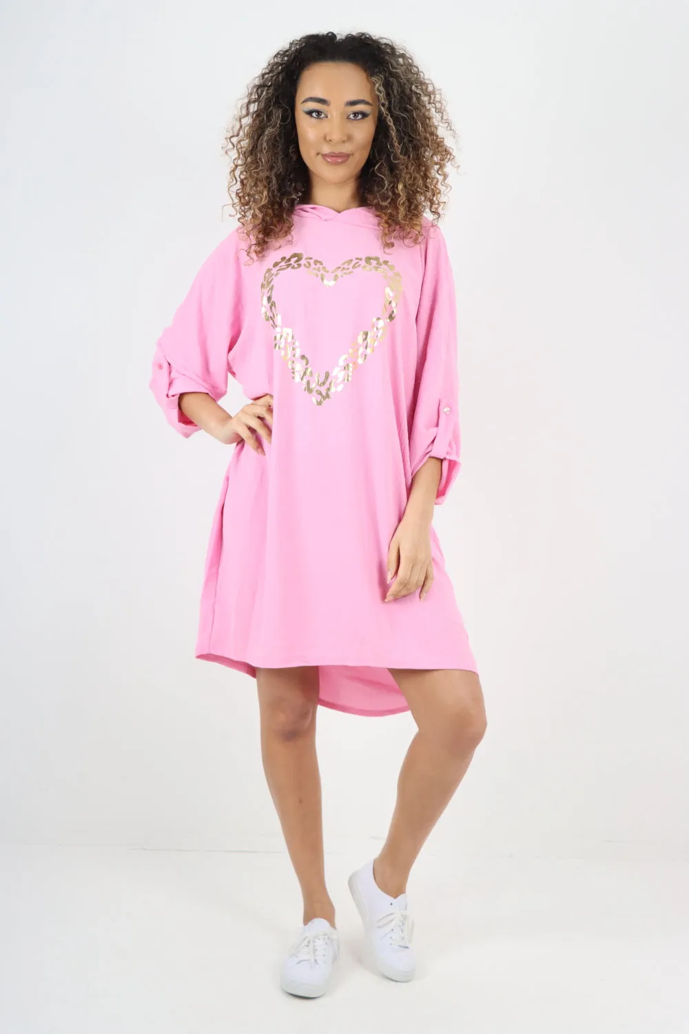 Italian Printed Foil Heart Hooded Tunic Top