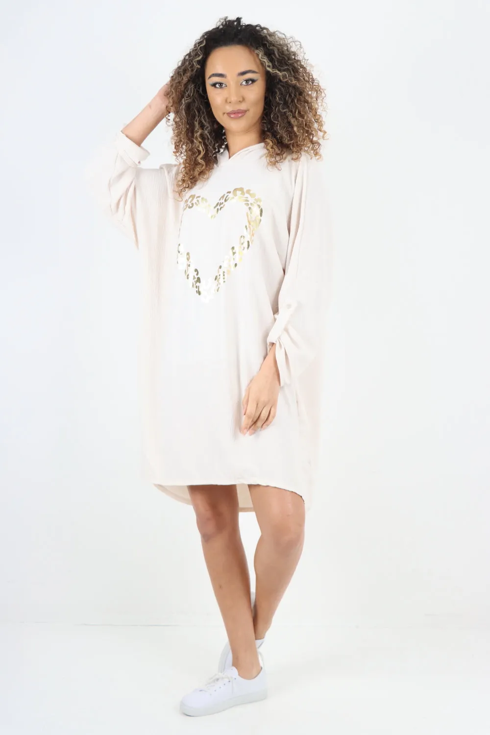 Italian Printed Foil Heart Hooded Tunic Top