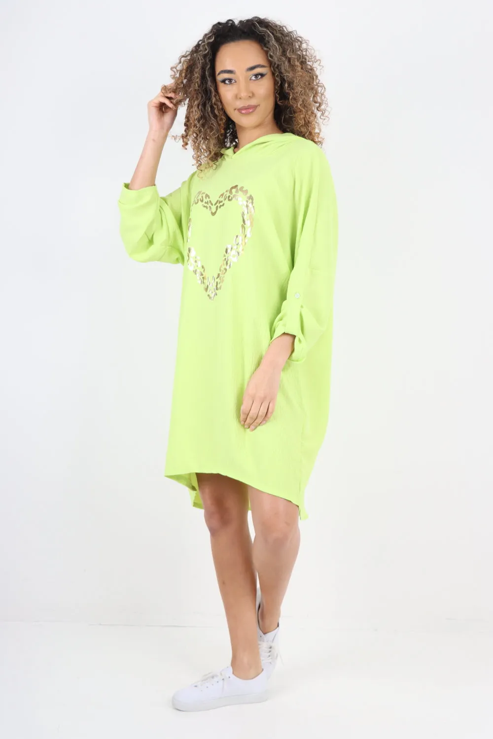 Italian Printed Foil Heart Hooded Tunic Top