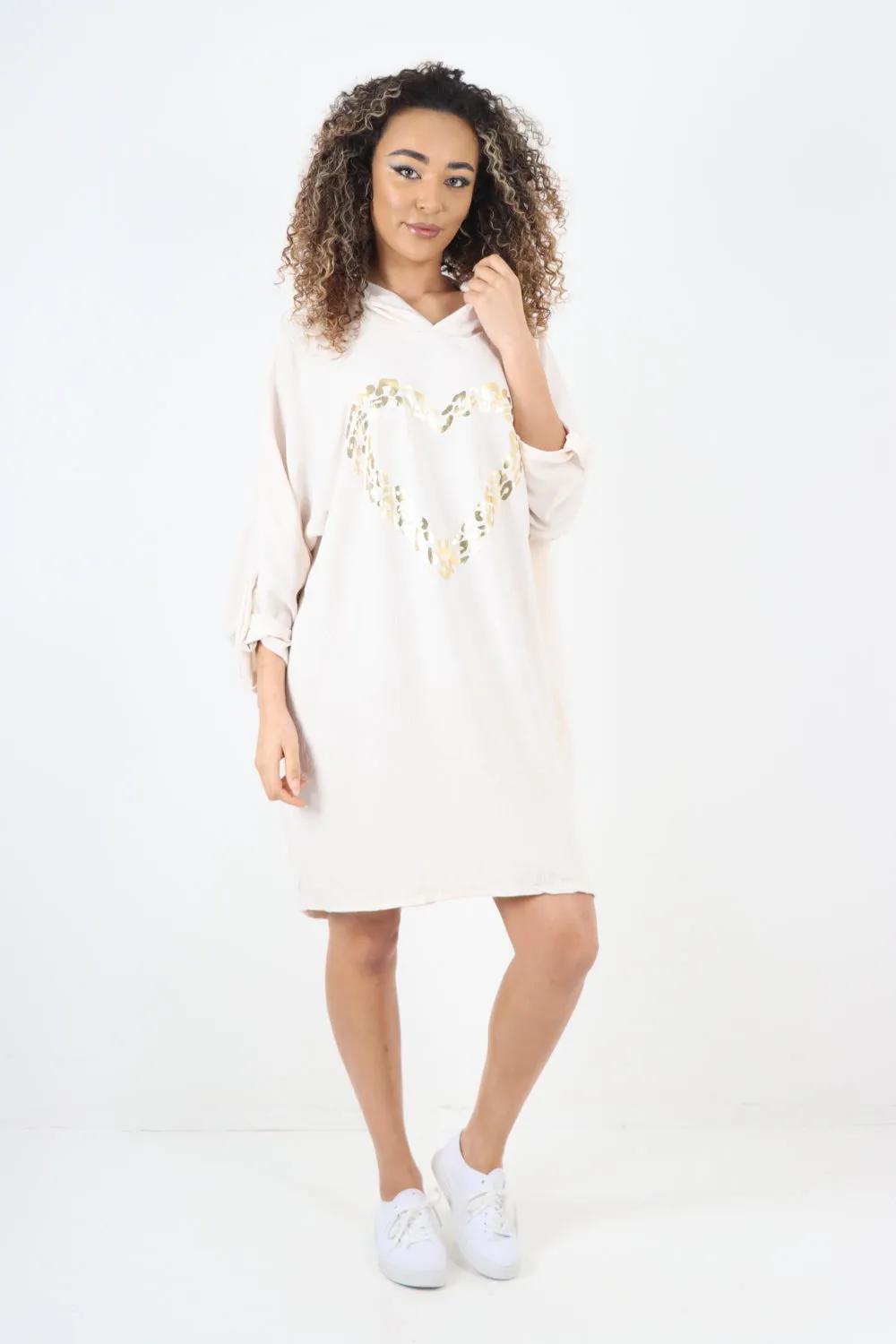 Italian Printed Foil Heart Hooded Tunic Top