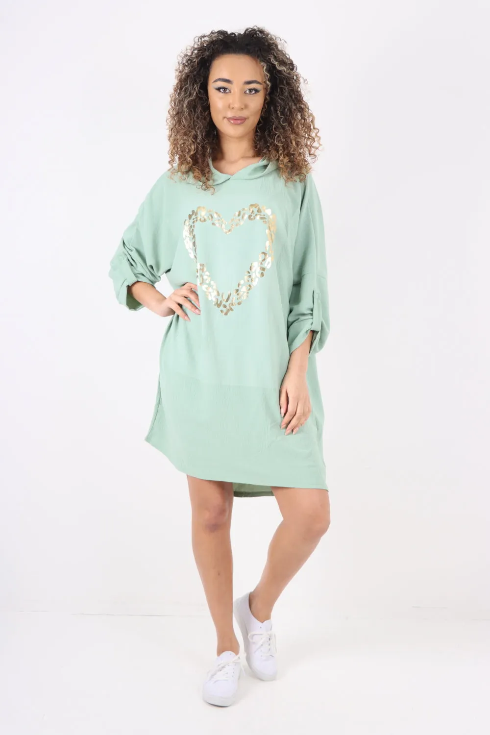 Italian Printed Foil Heart Hooded Tunic Top