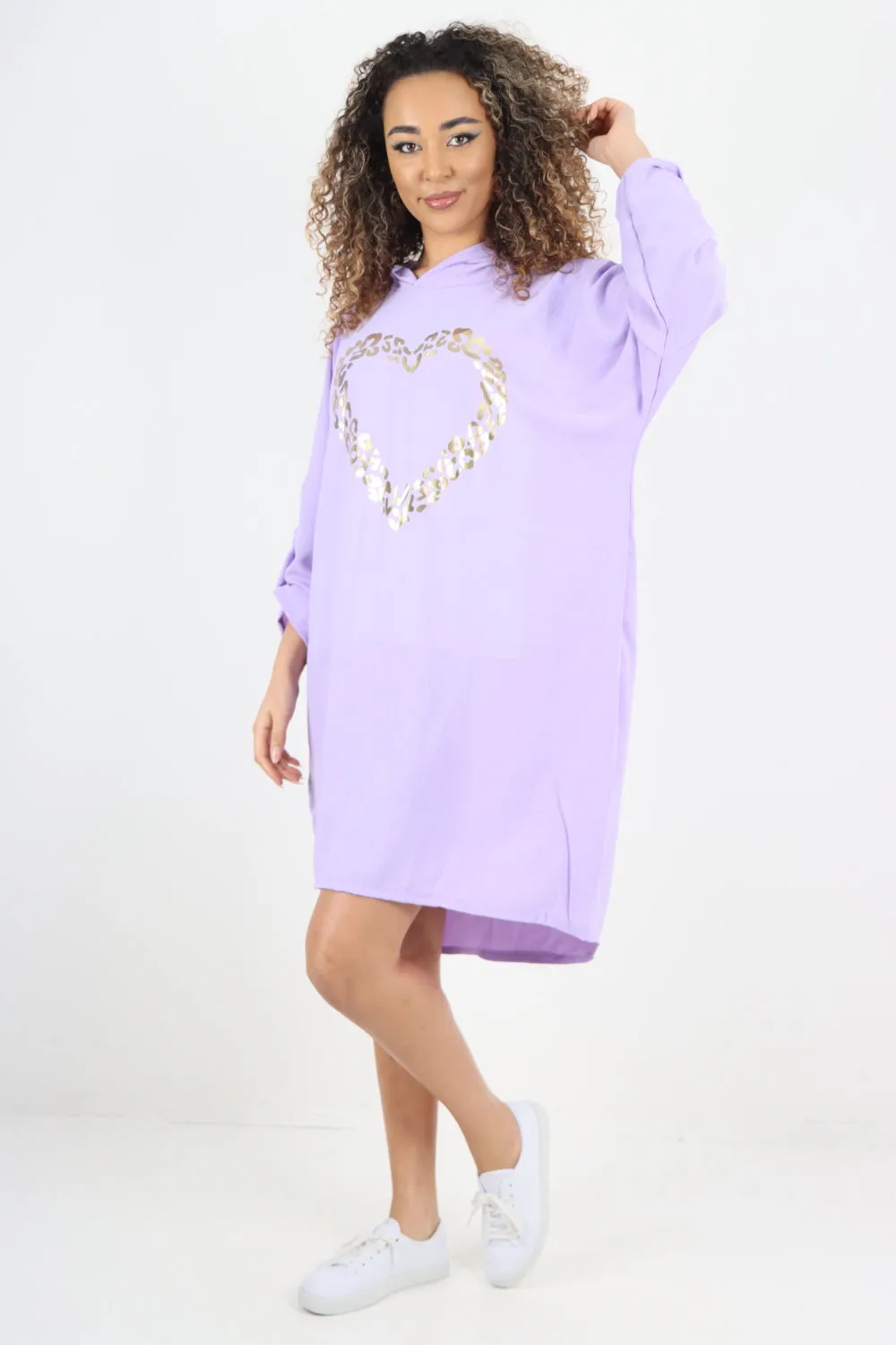 Italian Printed Foil Heart Hooded Tunic Top
