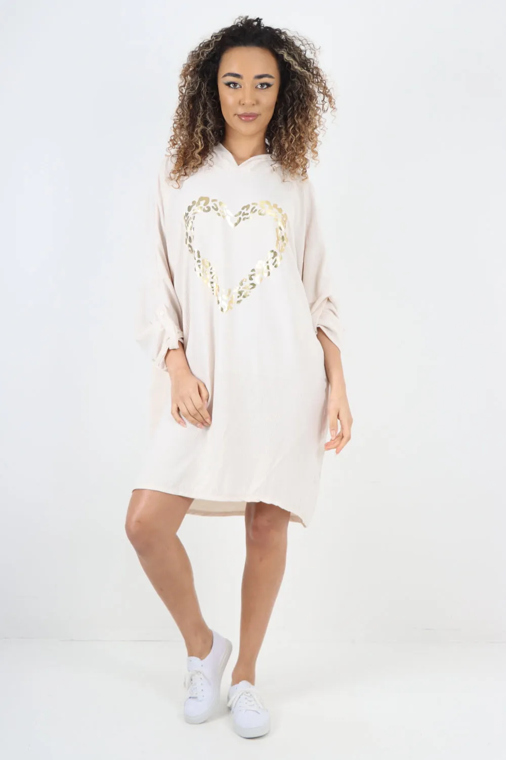 Italian Printed Foil Heart Hooded Tunic Top