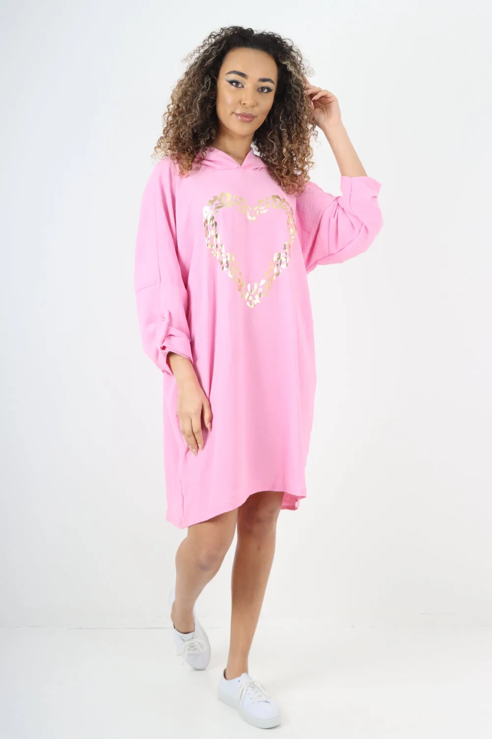 Italian Printed Foil Heart Hooded Tunic Top