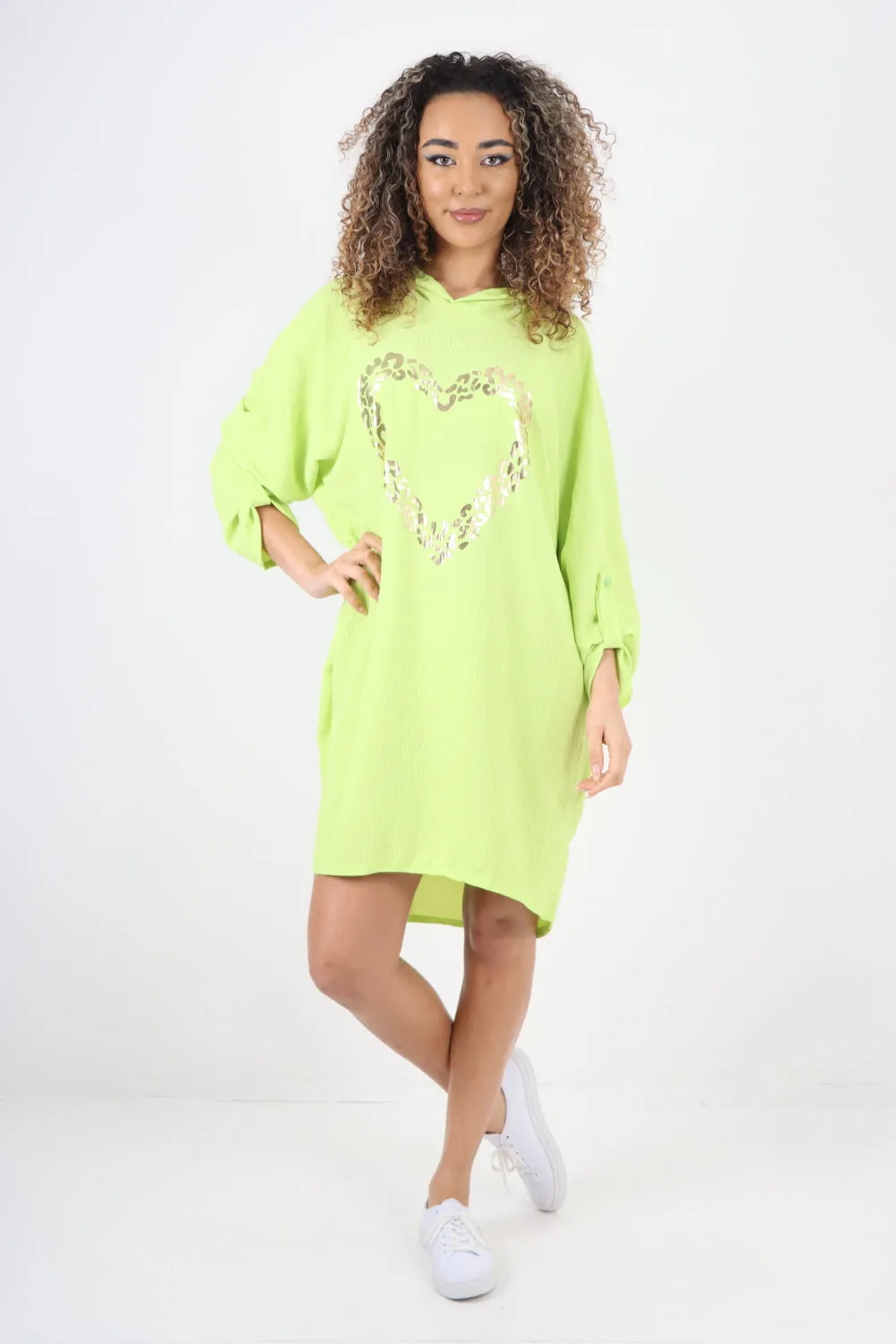 Italian Printed Foil Heart Hooded Tunic Top