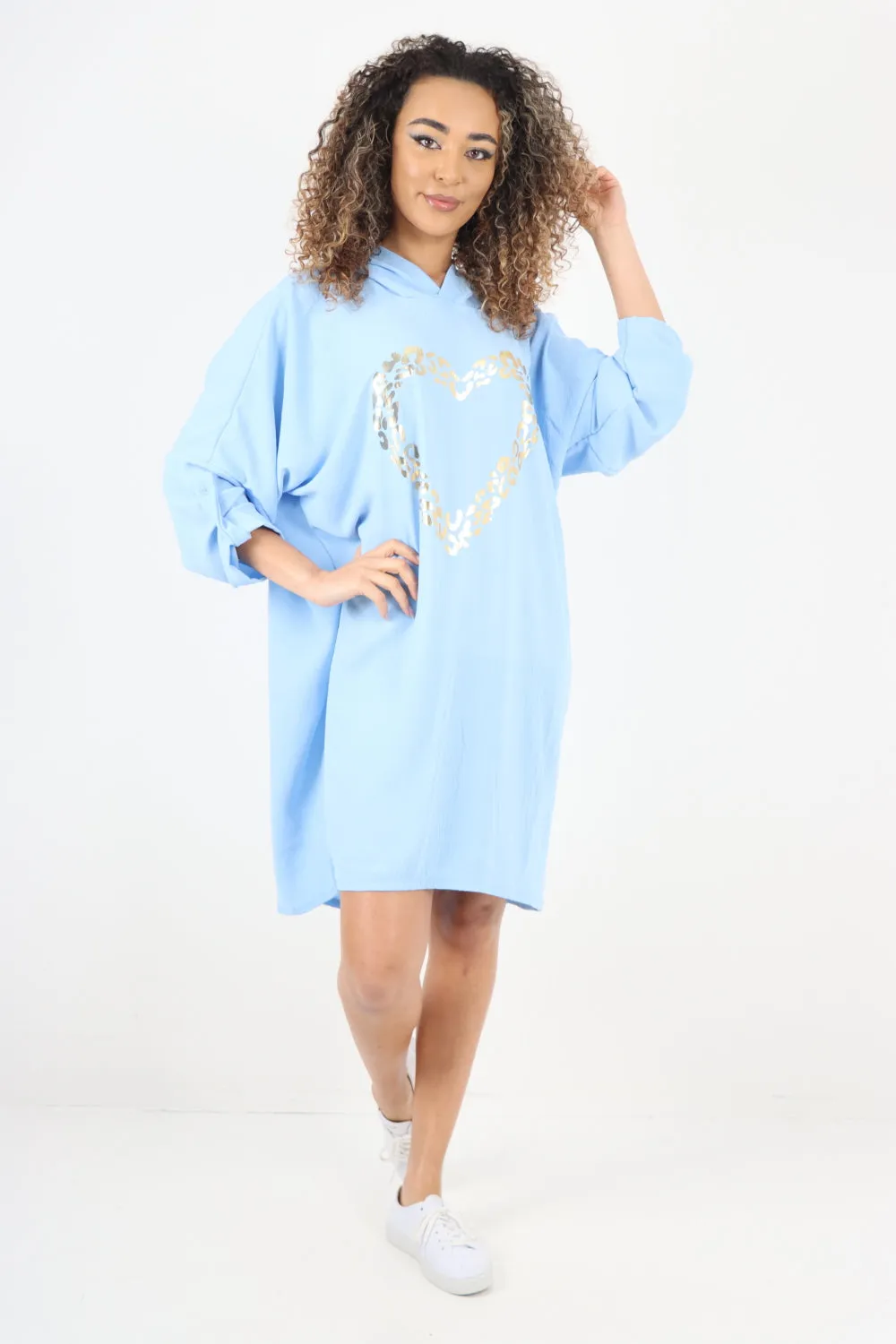Italian Printed Foil Heart Hooded Tunic Top
