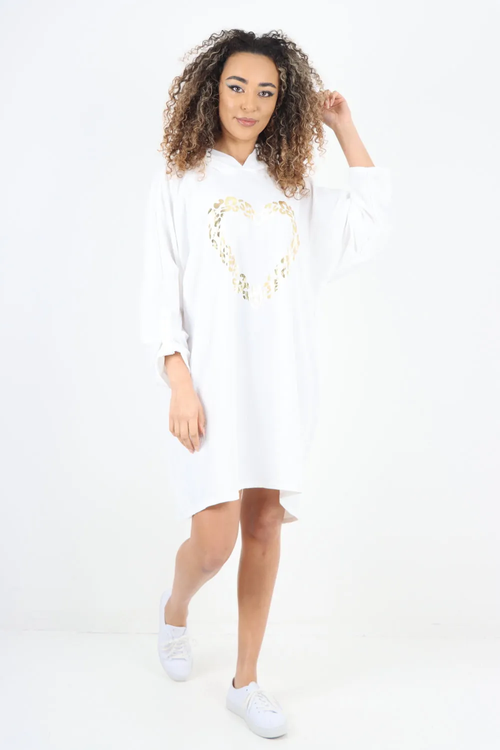 Italian Printed Foil Heart Hooded Tunic Top