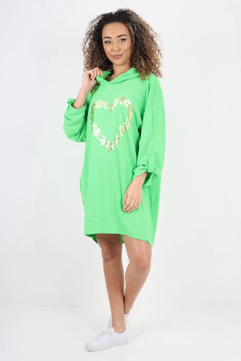 Italian Printed Foil Heart Hooded Tunic Top
