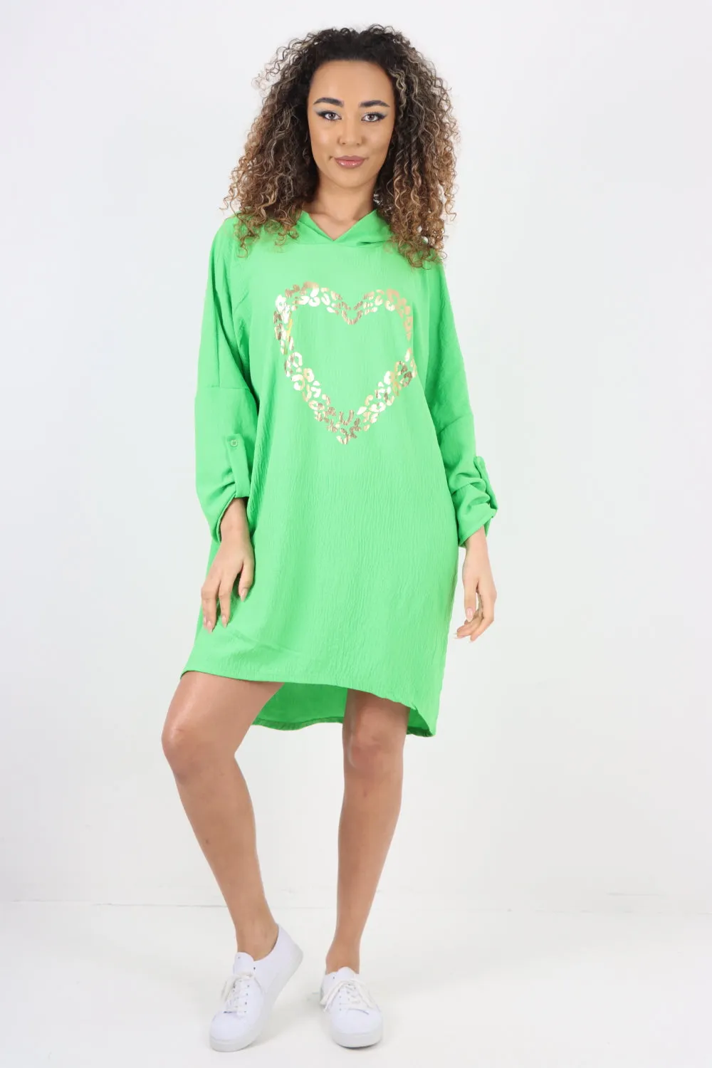 Italian Printed Foil Heart Hooded Tunic Top