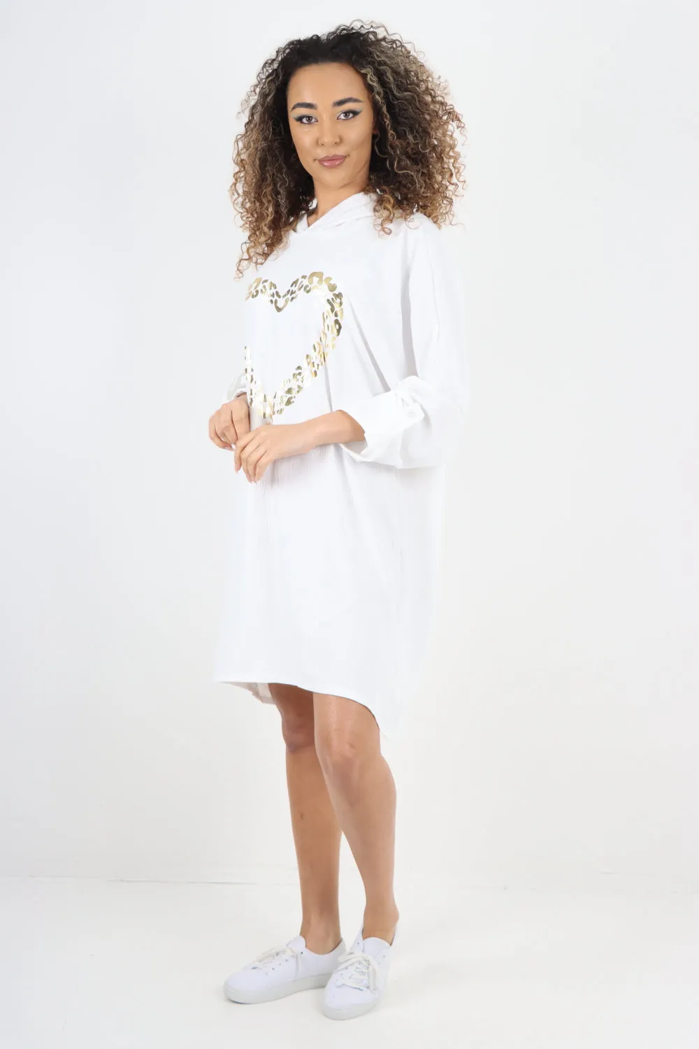 Italian Printed Foil Heart Hooded Tunic Top