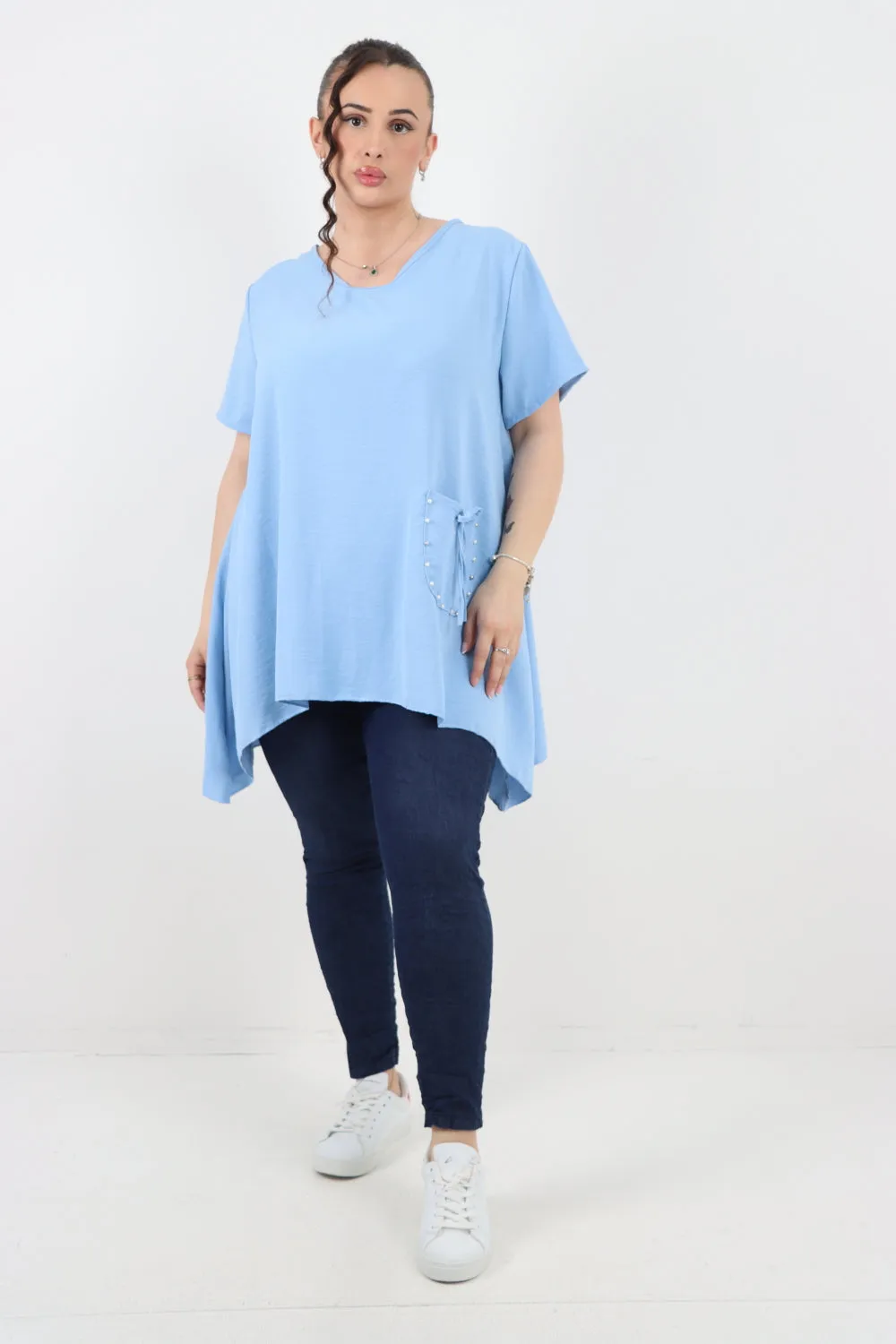 Italian Stud Pocket Tie Detail Hanky Hem Tunic Top
