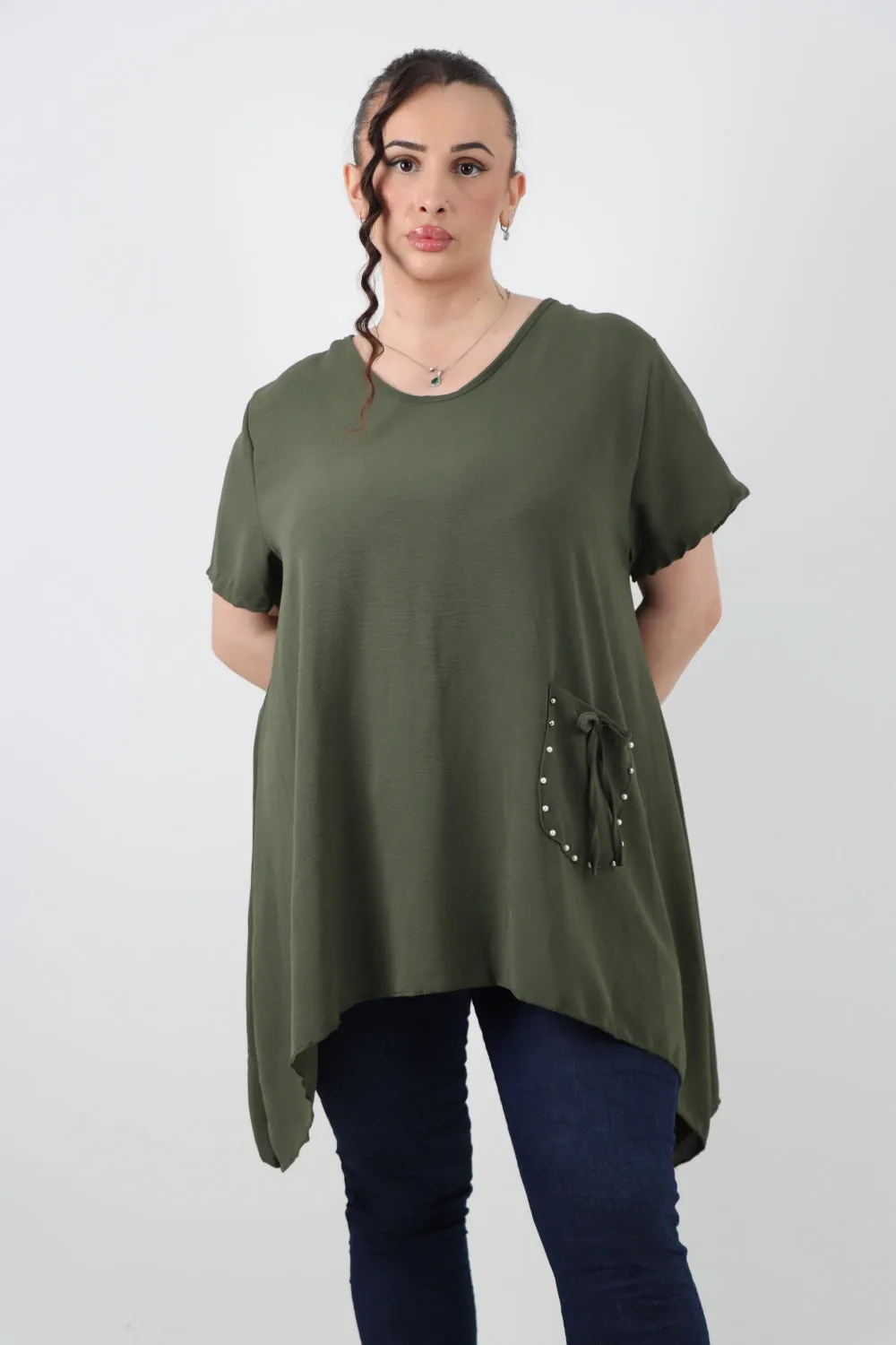 Italian Stud Pocket Tie Detail Hanky Hem Tunic Top