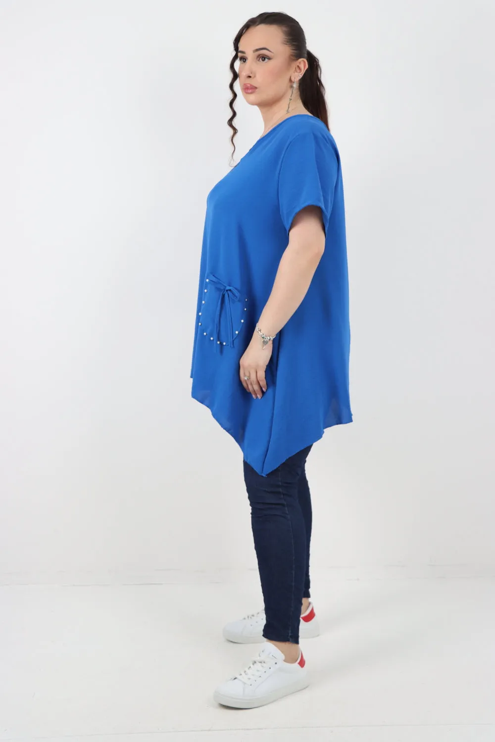 Italian Stud Pocket Tie Detail Hanky Hem Tunic Top