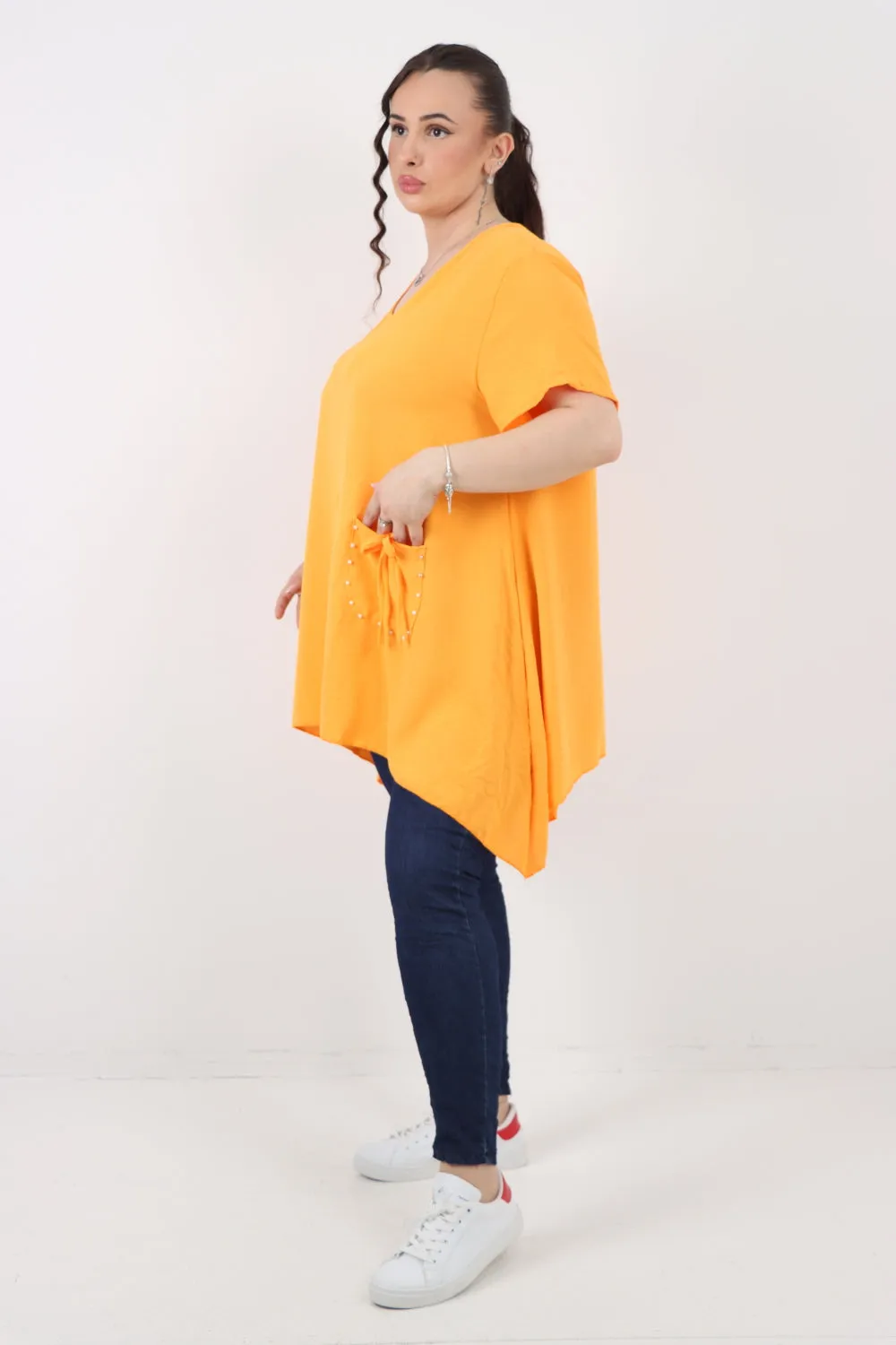 Italian Stud Pocket Tie Detail Hanky Hem Tunic Top