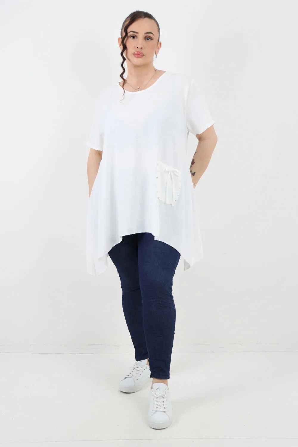 Italian Stud Pocket Tie Detail Hanky Hem Tunic Top
