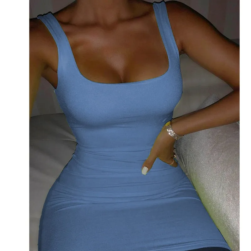 Joskaa hoco dresses Square Neck Sleeveless Bodycon Mini Dress Basic Women Summer Black Backless Party Sexy Yellow Clubwear 2024 Dresses