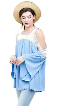 Lace Keyhole Sleeve Top, Blue