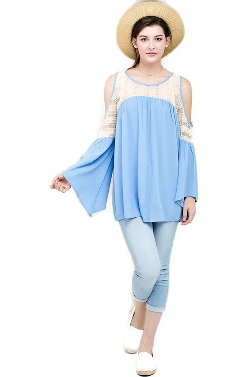 Lace Keyhole Sleeve Top, Blue