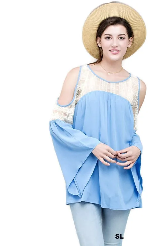 Lace Keyhole Sleeve Top, Blue