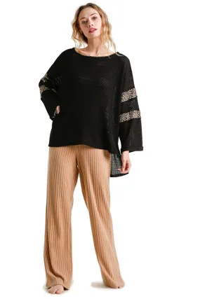 Leopard Trim Waffle Knit Top, Black