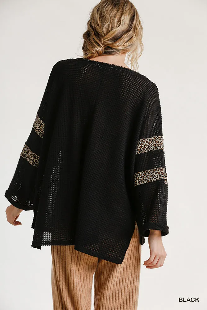 Leopard Trim Waffle Knit Top, Black