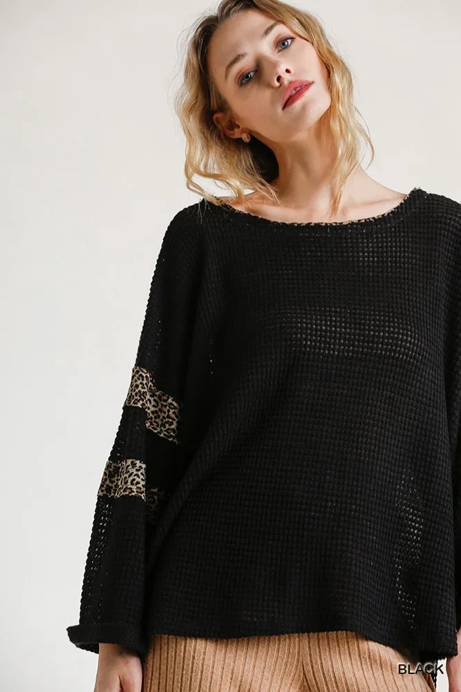 Leopard Trim Waffle Knit Top, Black