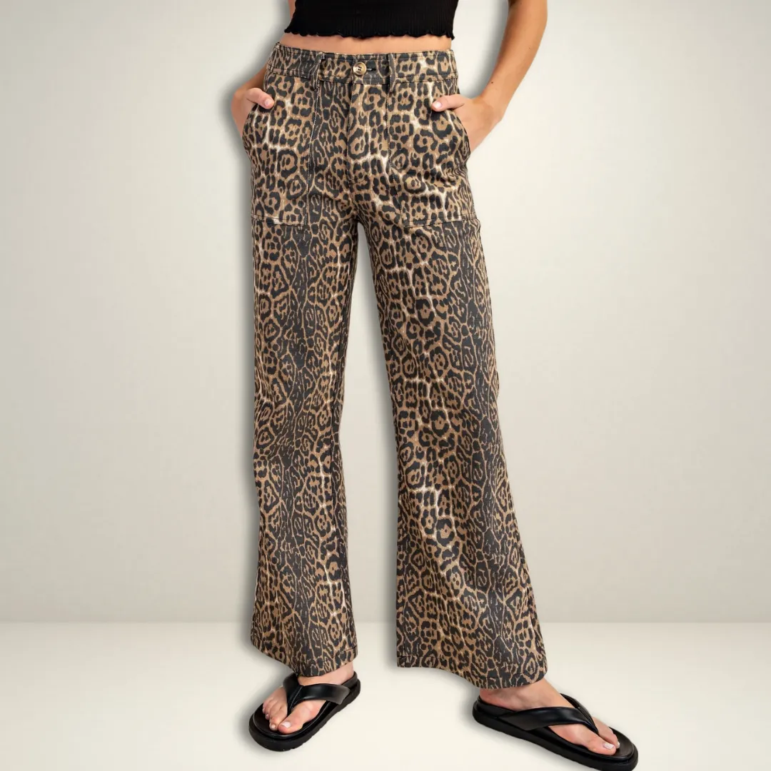 Leopard Twill Wide Leg Pants S-L