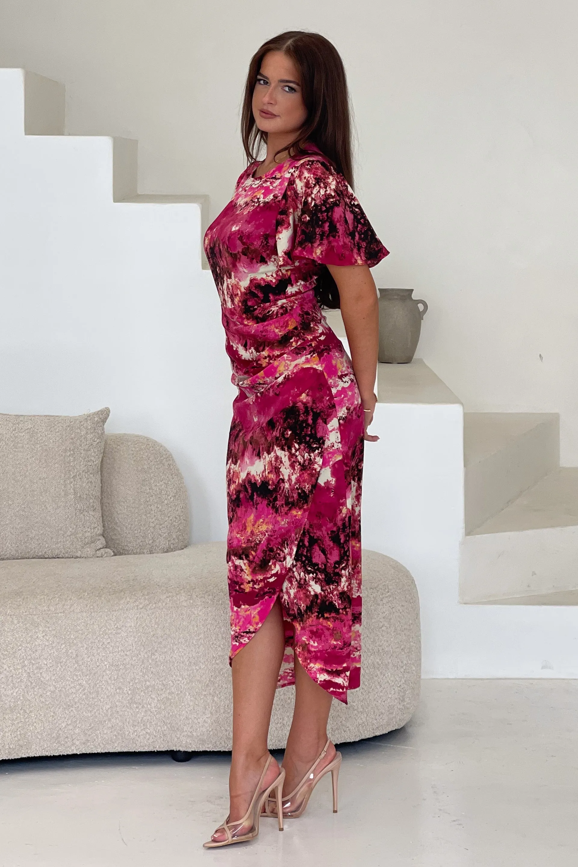 Lucia Wrap Skirt Pink Marble Print Midi Dress