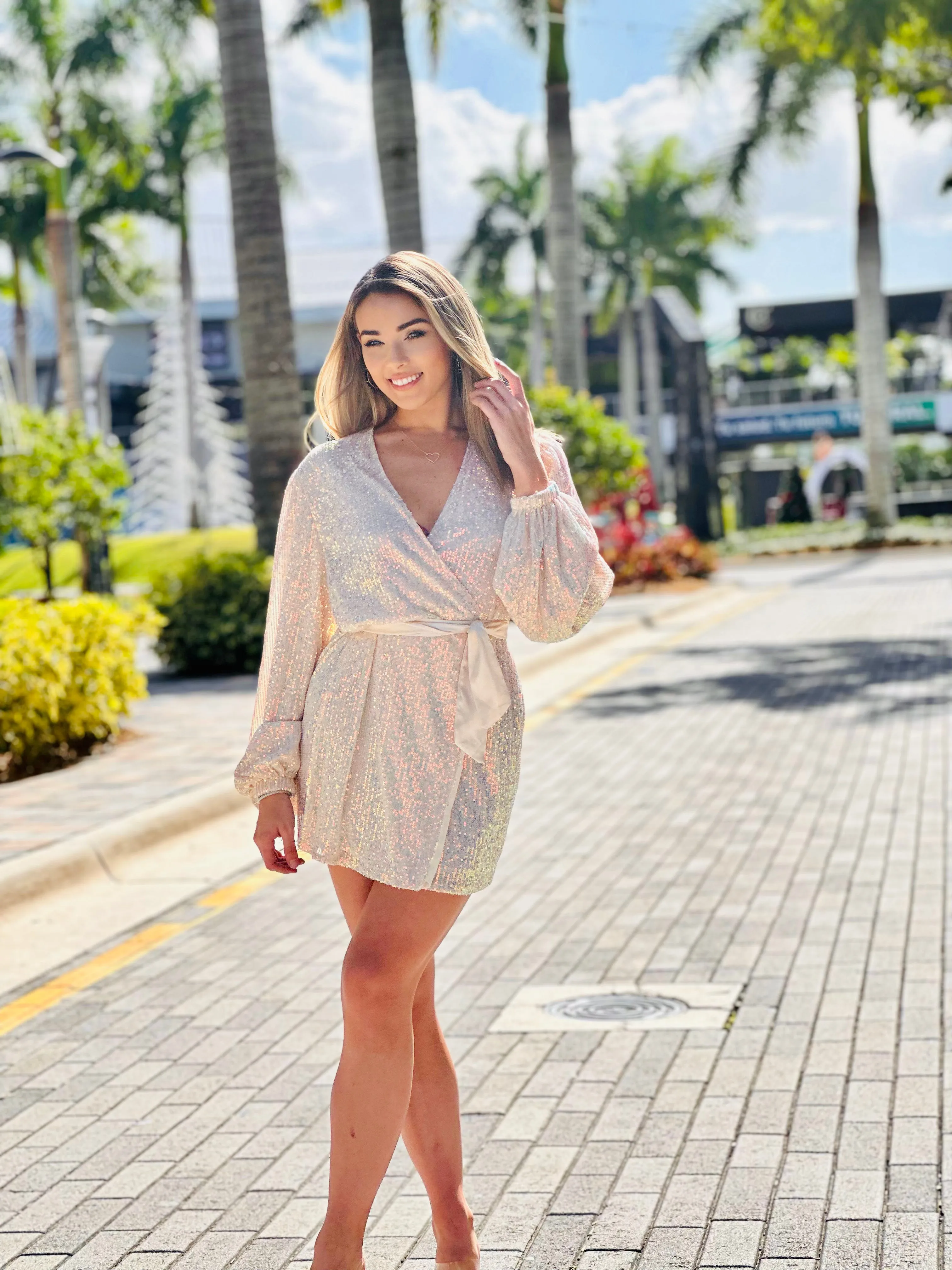Marilynn Sequin Belted Wrap Dress