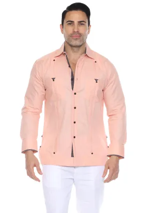 Men's 100% Linen Guayabera Chacabana Shirt Long Sleeve with Print Trim Accent