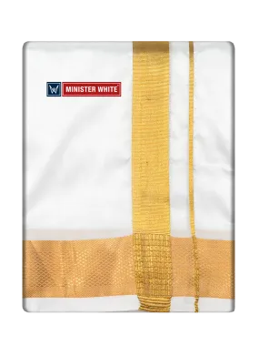 Mens Art Silk Double Layer White Dhoti with 100K Gold Jari Border - Marshal 100K