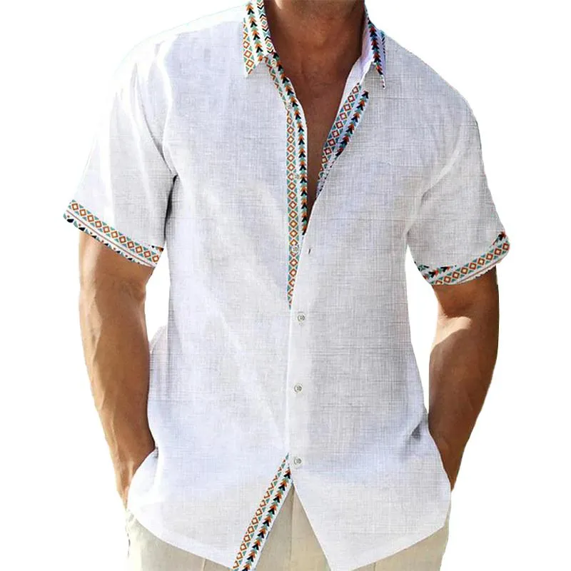Men's Casual Color Contrast Lapel Cotton Linen Short Sleeve Shirt 78416506M