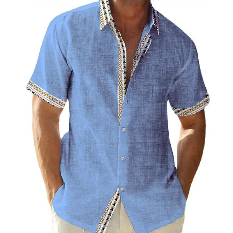 Men's Casual Color Contrast Lapel Cotton Linen Short Sleeve Shirt 78416506M