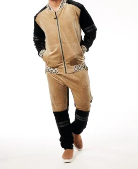 Mens Designer Stacy Adams Velour Velvet Slim Fit Track Suit Tan Black Two-Tone 2605