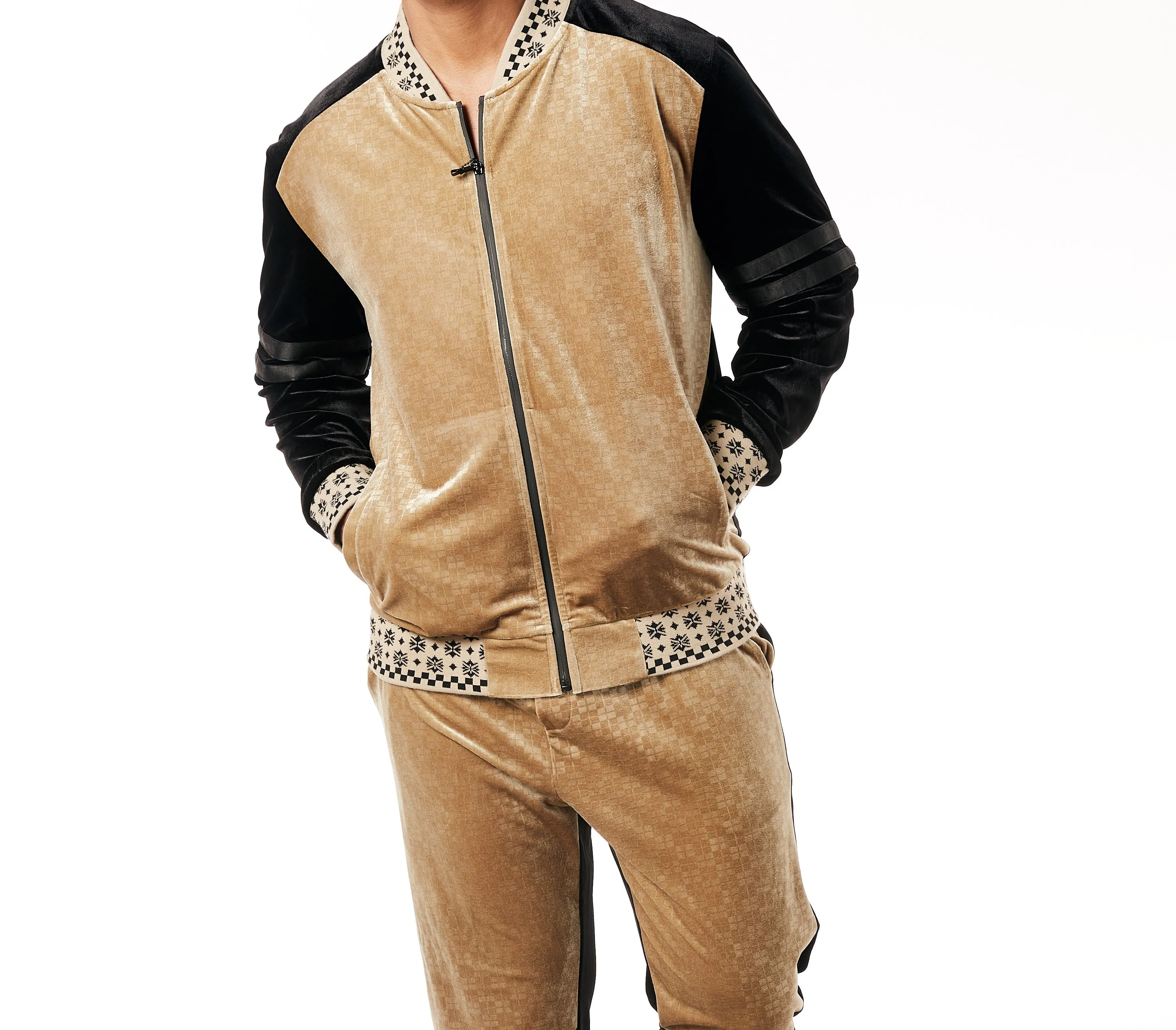 Mens Designer Stacy Adams Velour Velvet Slim Fit Track Suit Tan Black Two-Tone 2605