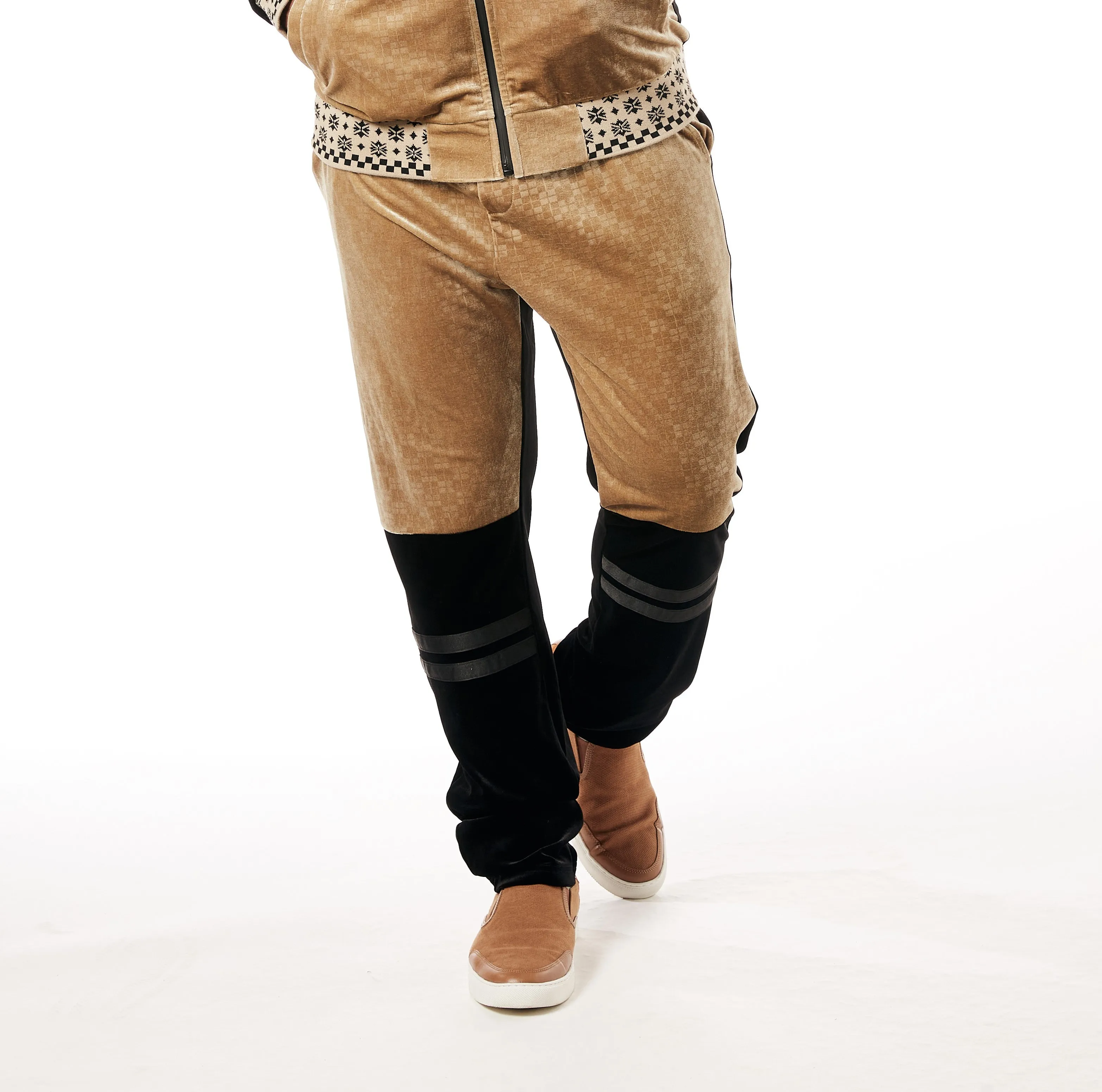 Mens Designer Stacy Adams Velour Velvet Slim Fit Track Suit Tan Black Two-Tone 2605