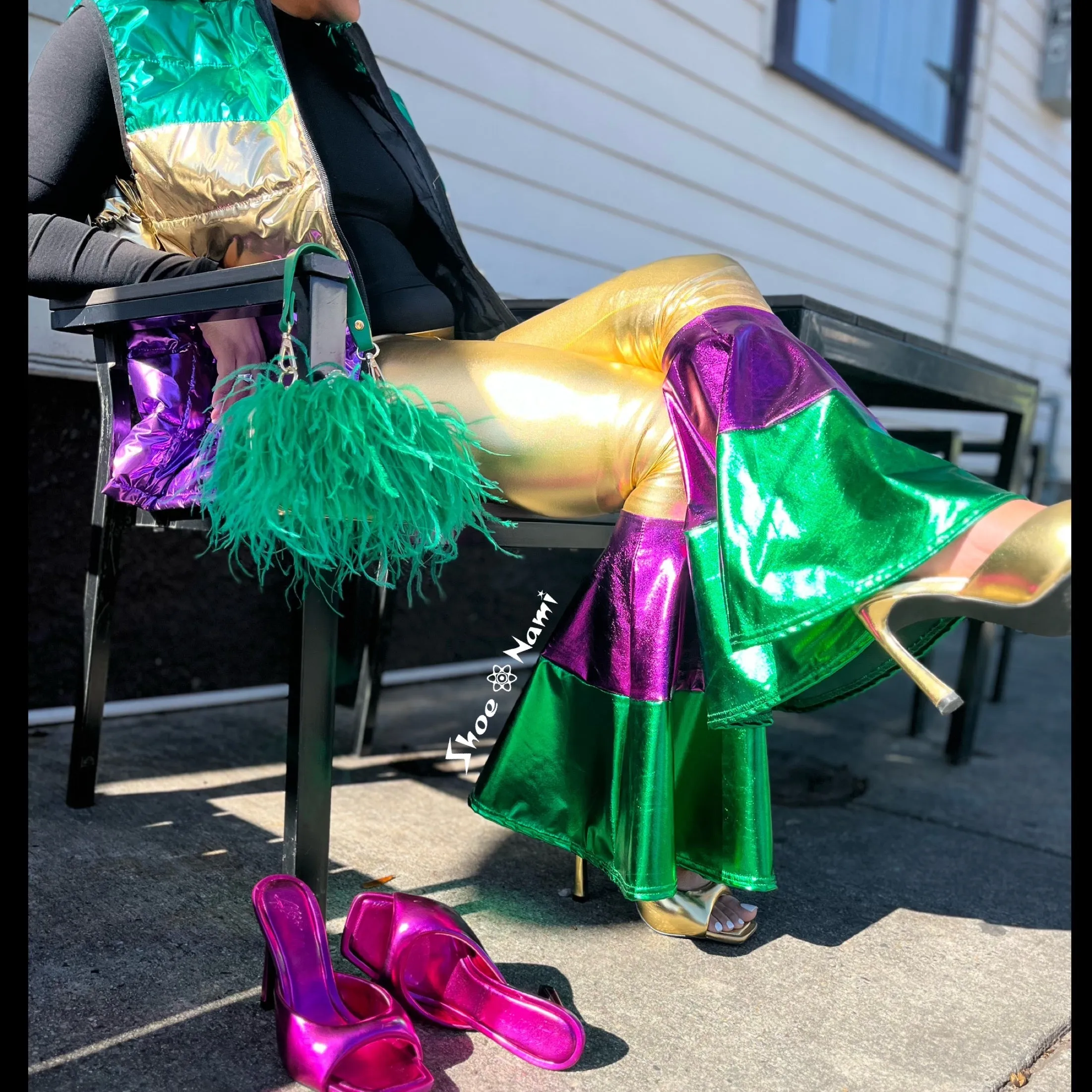 METALLIC MARDI GRAS BELL BOTTOM LEGGINGS