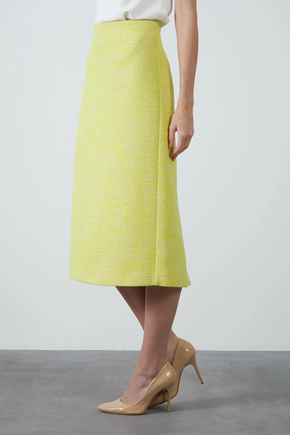 Midi Tweed Fabric Yellow Skirt with Slit at the Back