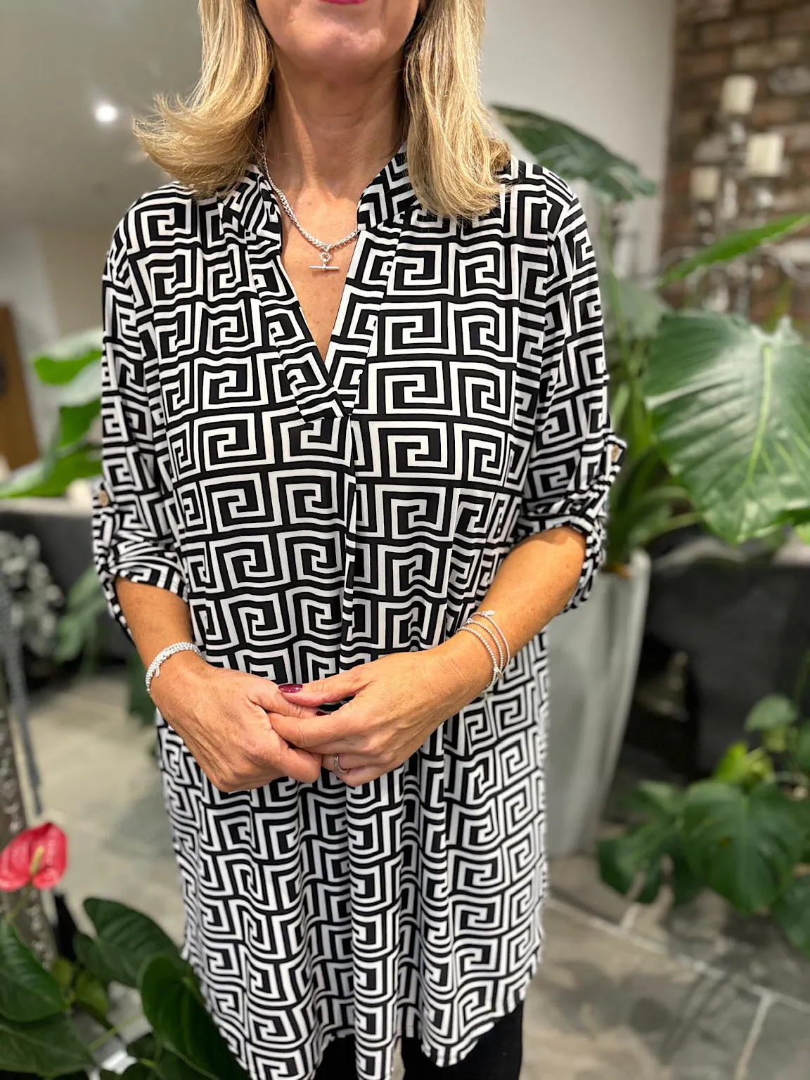Monochrome Greek Key Print Tunic Gloria