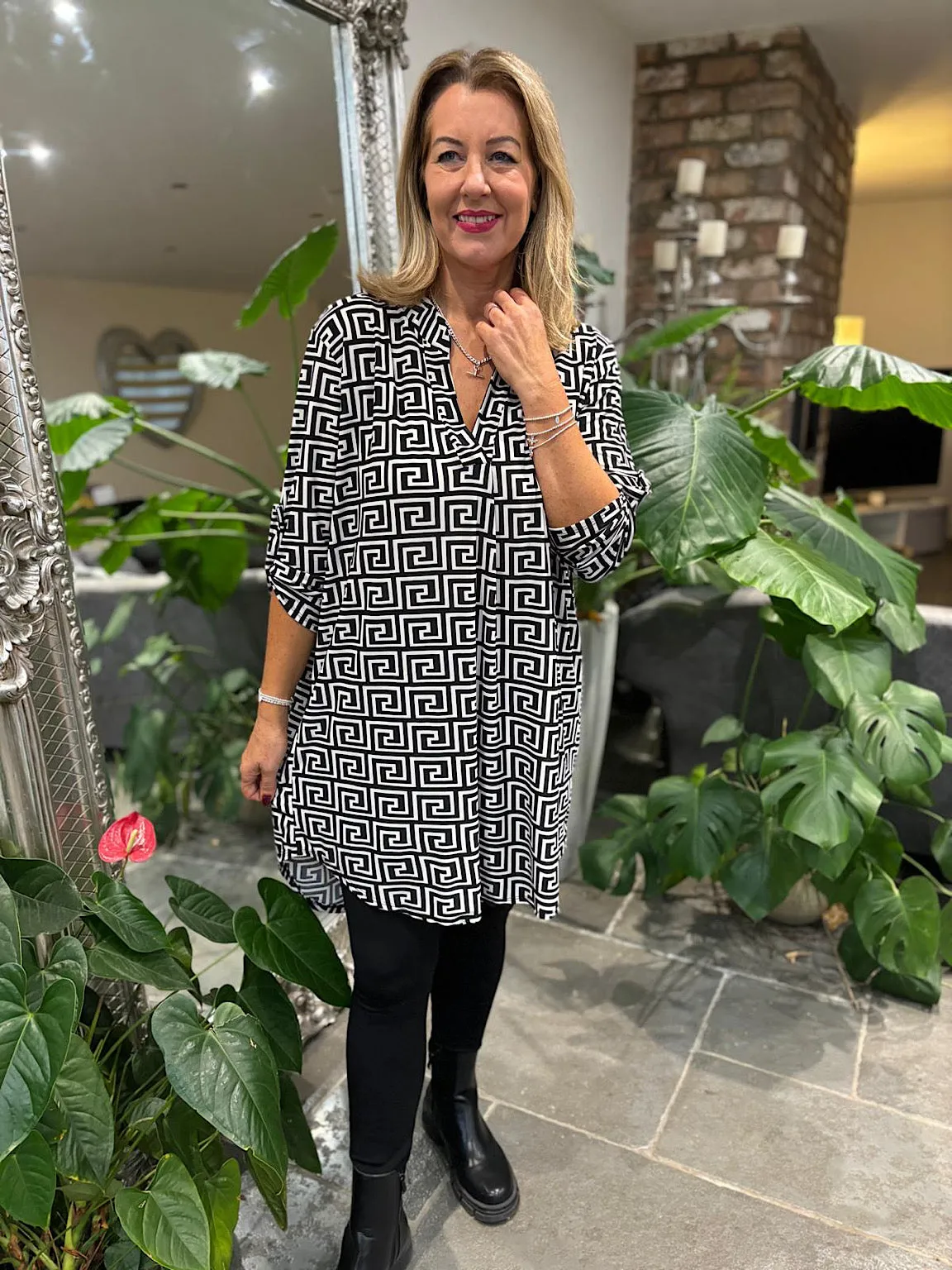 Monochrome Greek Key Print Tunic Gloria