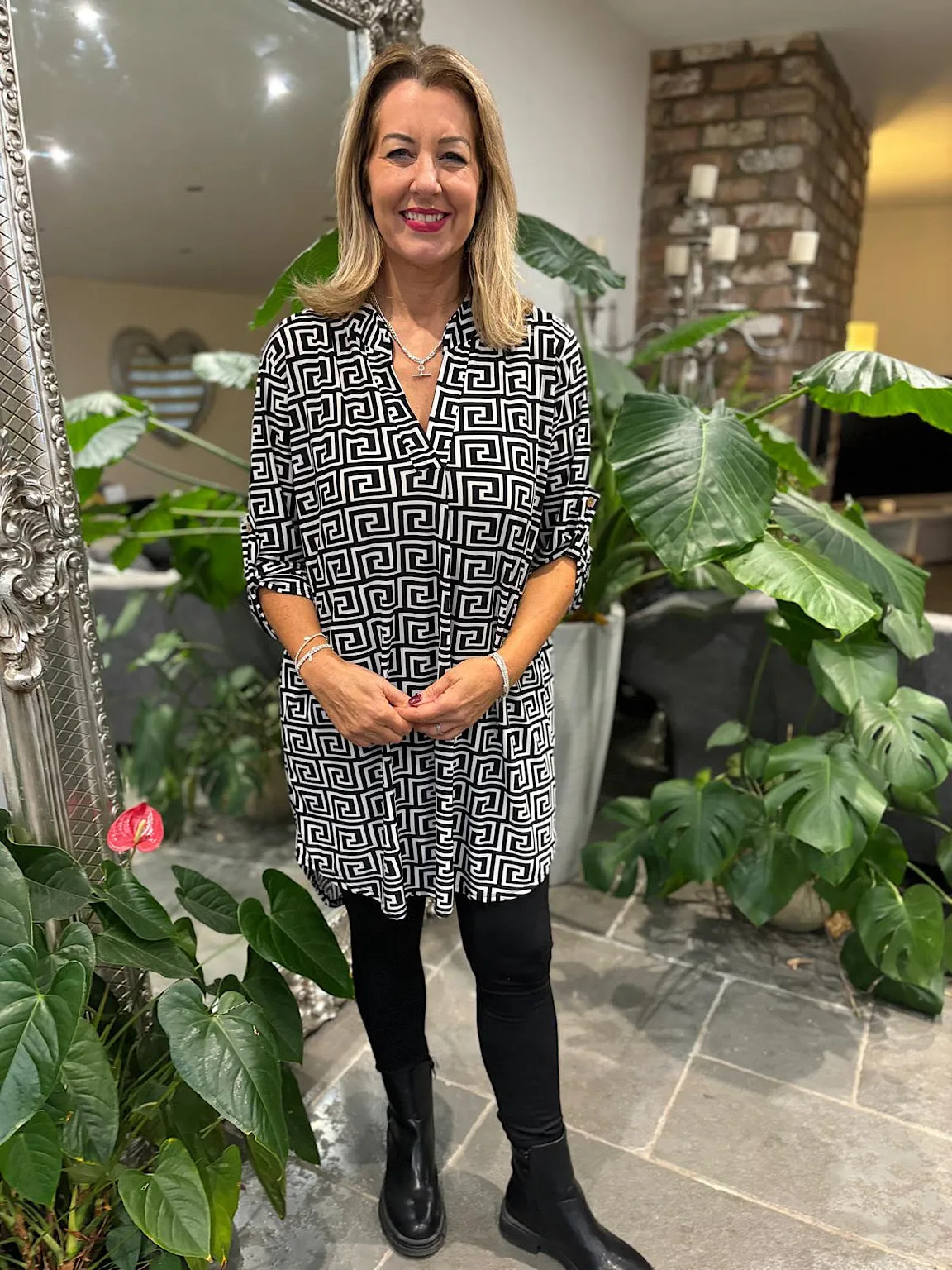 Monochrome Greek Key Print Tunic Gloria