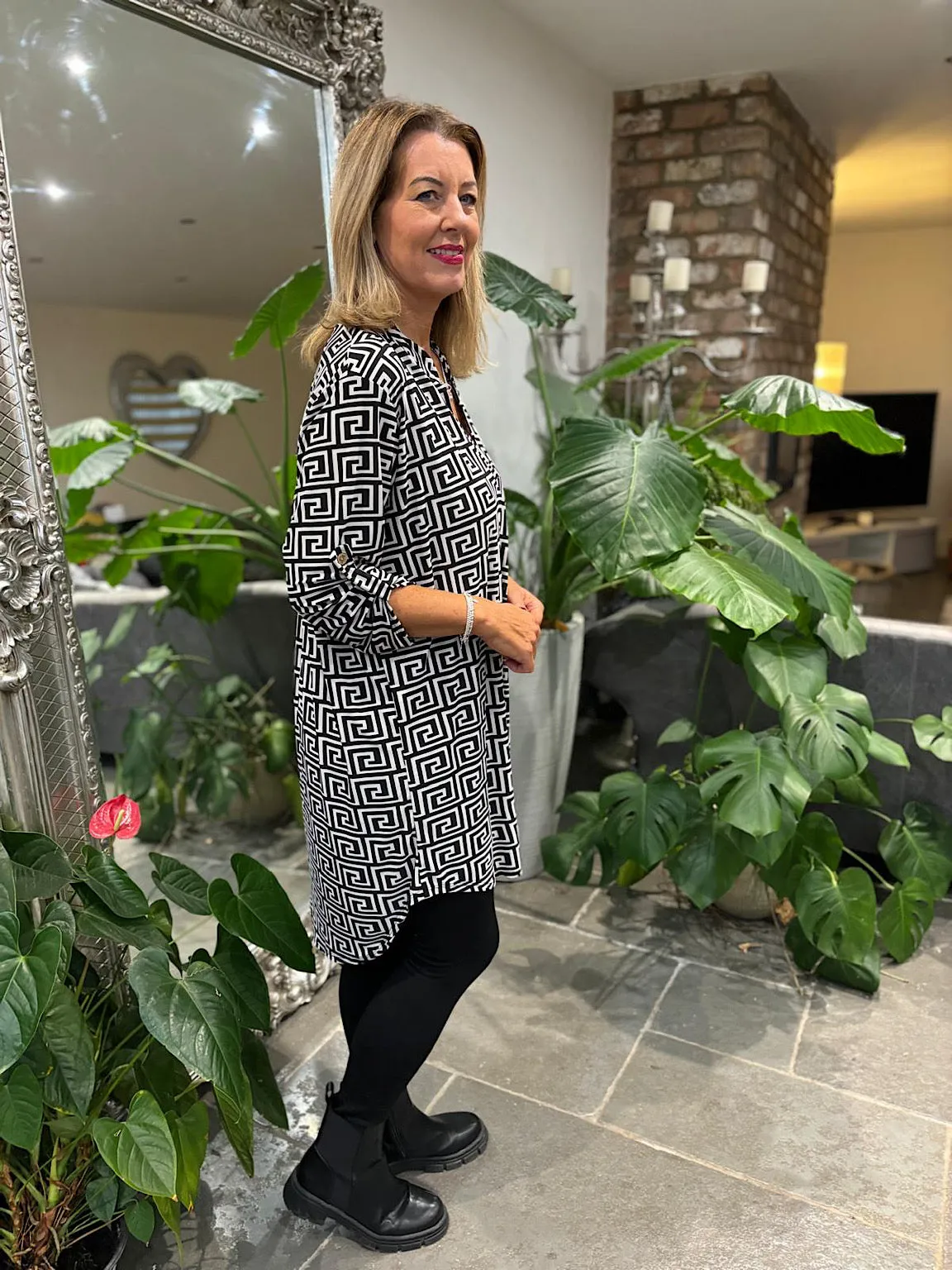 Monochrome Greek Key Print Tunic Gloria