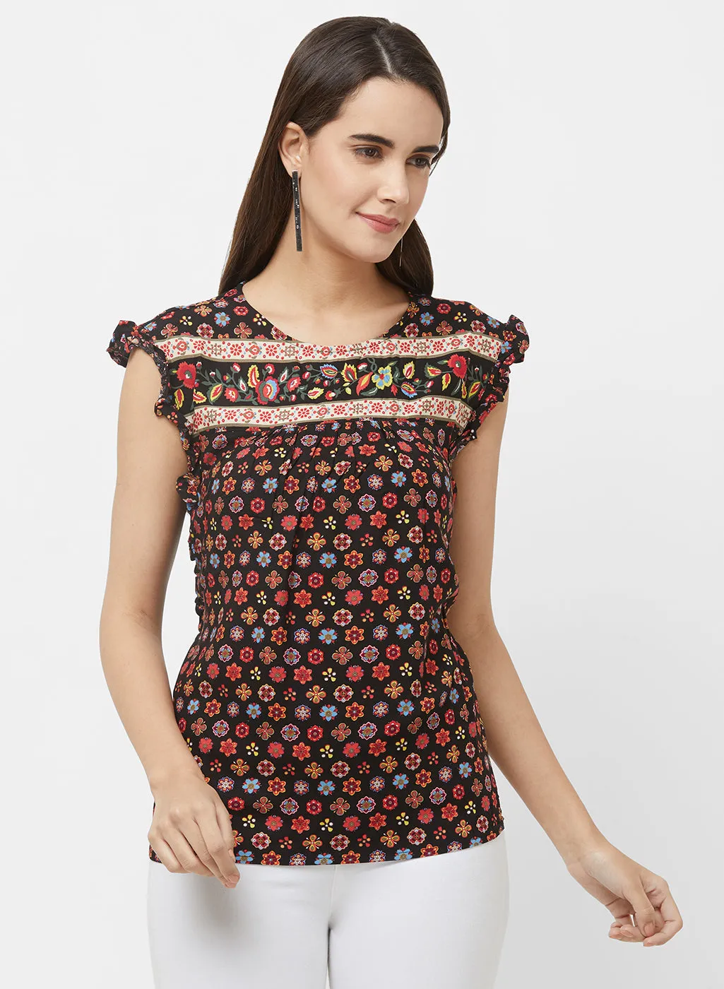 Multi Printed Cap Sleeves Top