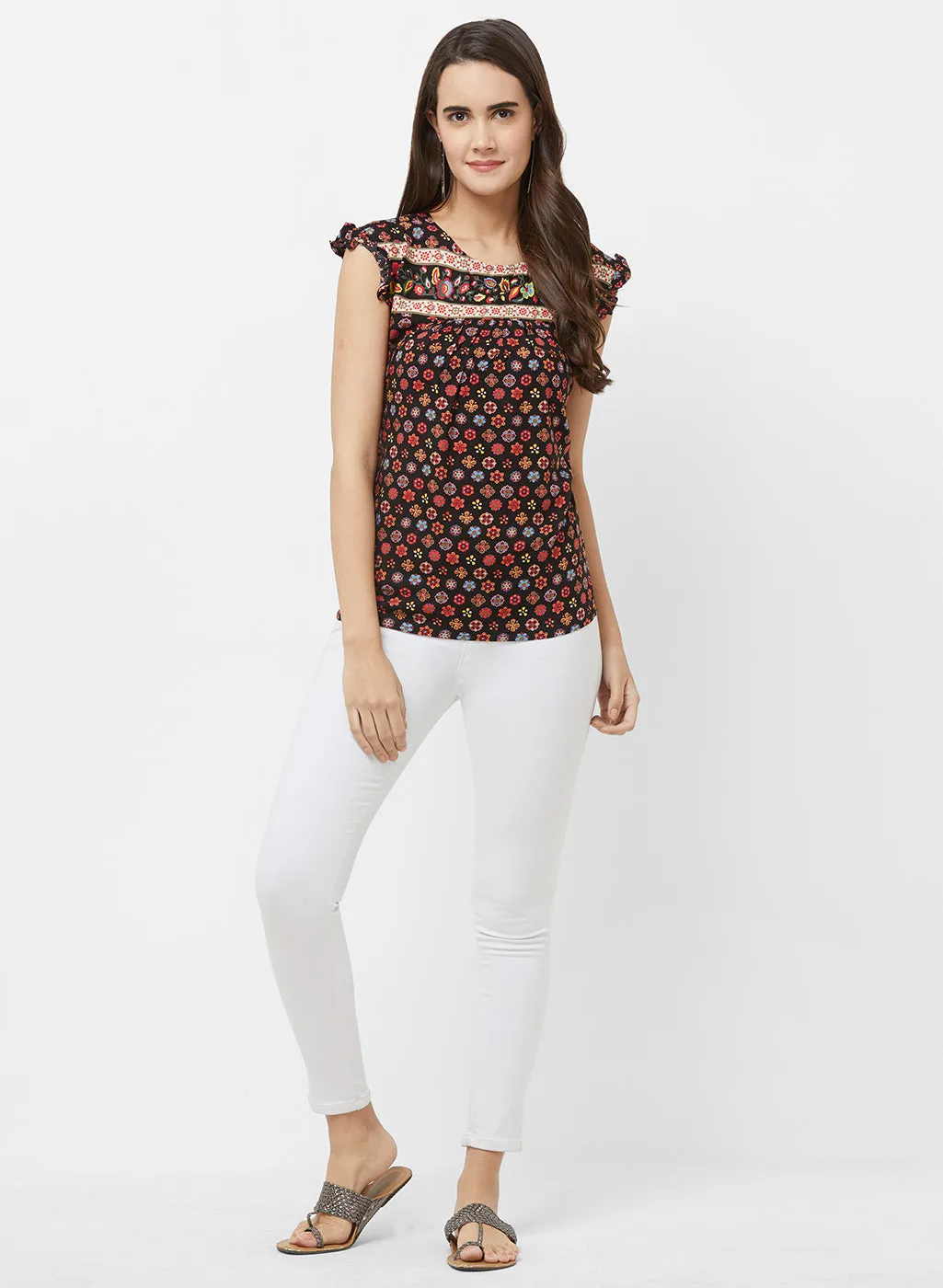Multi Printed Cap Sleeves Top