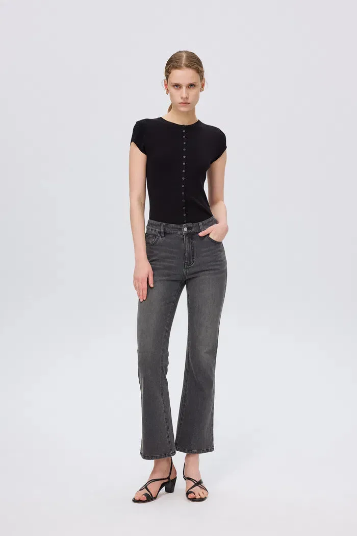 Nora Cropped Bell Bottom Jeans in Cotton Blend Denim