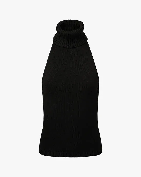 Open Back Halter Sweater Top Black