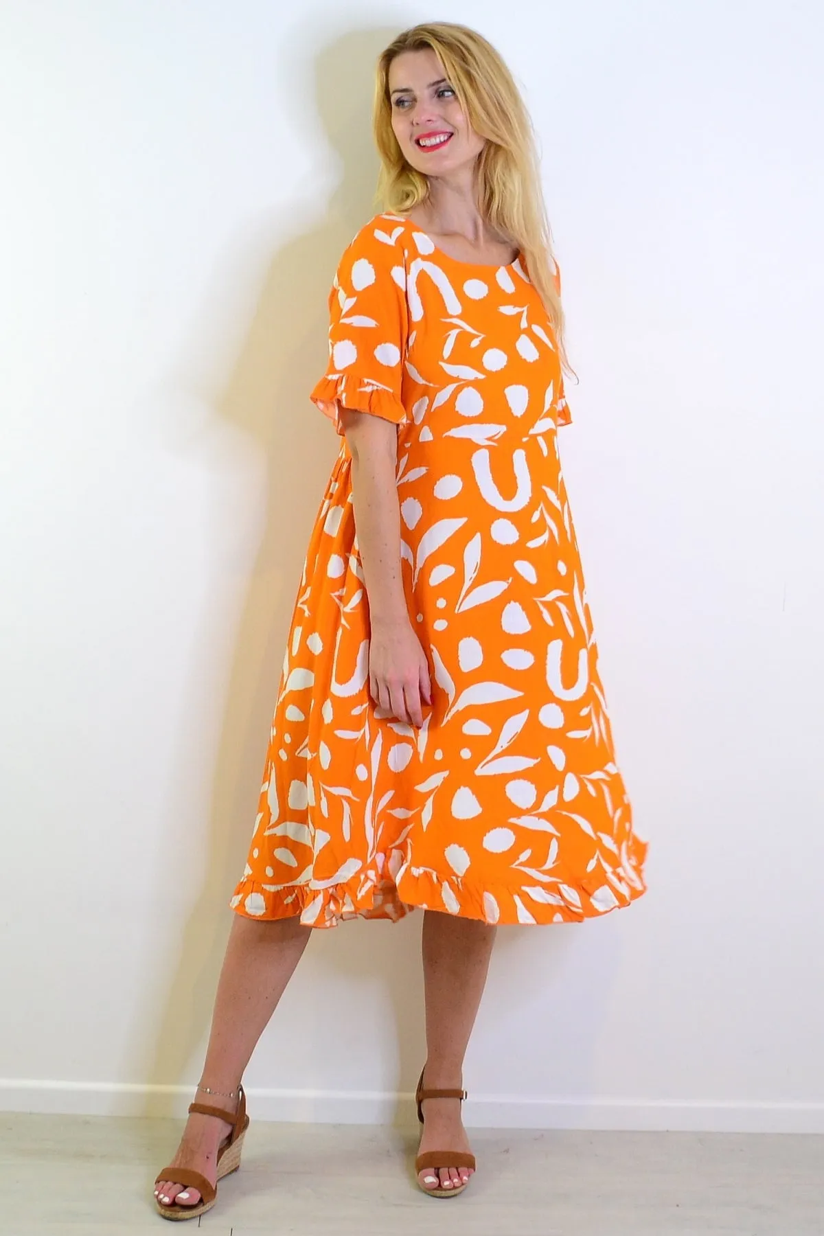 Orange White Spots Print Summer Dress