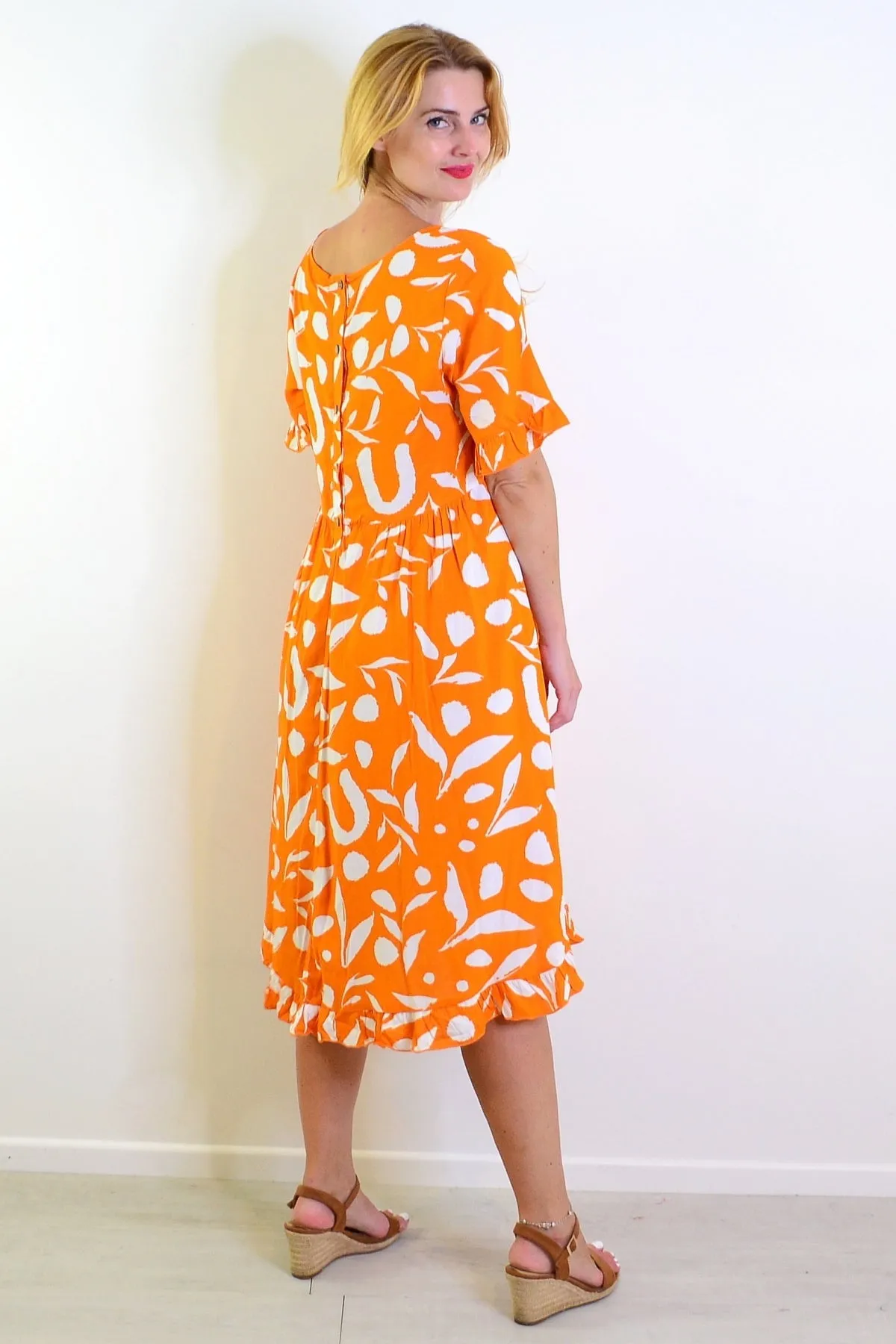 Orange White Spots Print Summer Dress